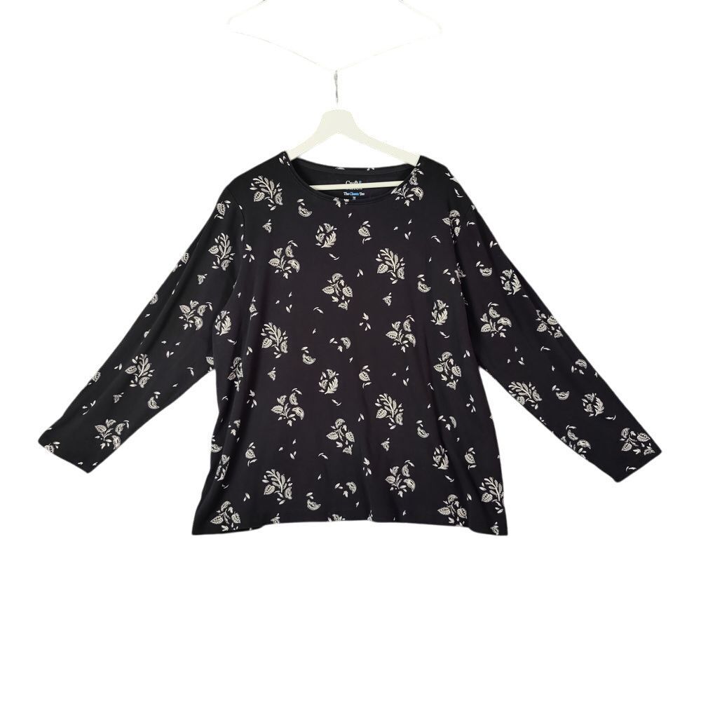 Croft &‎ Barrow Classic Black Floral Top Womens Plus Size 2X Long Sleeve Cotton